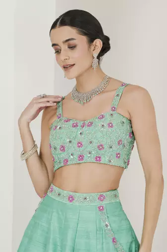 Sea Green & Ruby Pink Hand Embroidered Lehenga Set