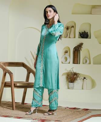 Sea green hand embroidered three piece kurta set 4
