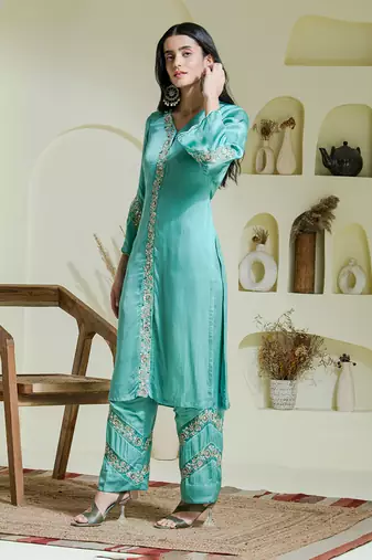 Sea green hand embroidered three piece kurta set