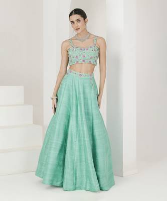 Sea Green & Ruby Pink Hand Embroidered Lehenga Set 3