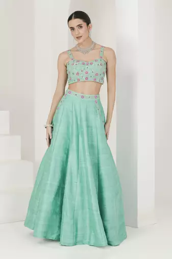 Sea Green & Ruby Pink Hand Embroidered Lehenga Set