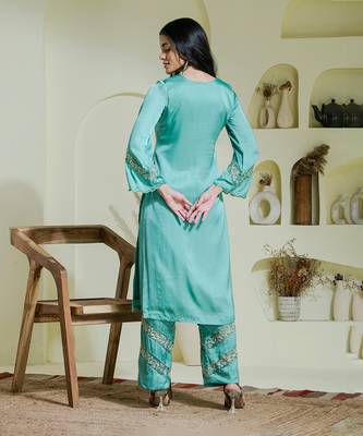 Sea green hand embroidered three piece kurta set 5