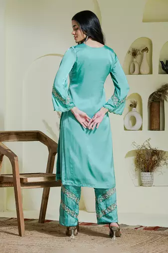 Sea green hand embroidered three piece kurta set