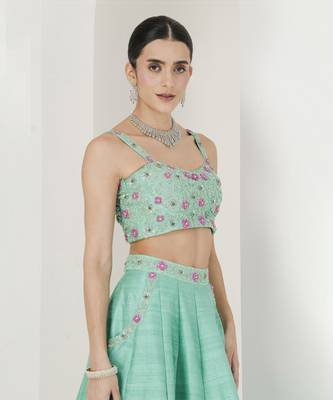 Sea Green & Ruby Pink Hand Embroidered Lehenga Set 4