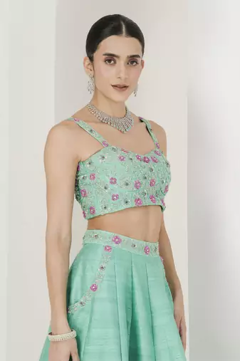 Sea Green & Ruby Pink Hand Embroidered Lehenga Set