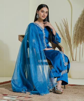 Cobalt blue hand embroidered three piece kurta set 1