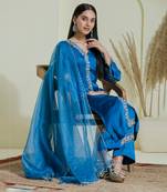 Cobalt blue hand embroidered three piece kurta set