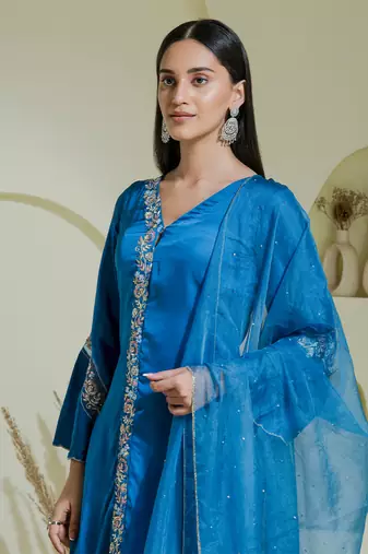 Cobalt blue hand embroidered three piece kurta set