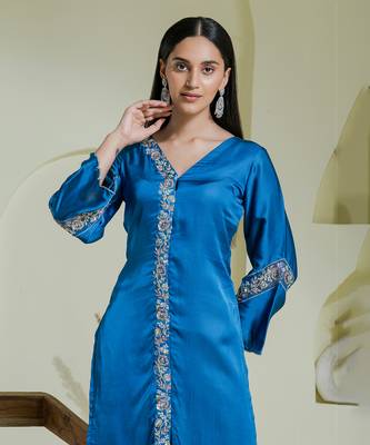 Cobalt blue hand embroidered three piece kurta set 3