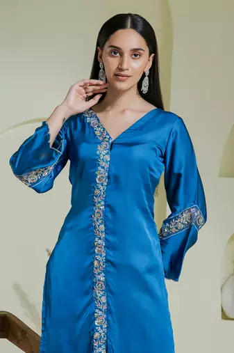 Cobalt blue hand embroidered three piece kurta set