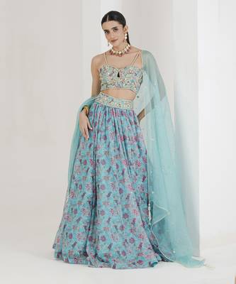 Blue Print Hand Embroidered Lehenga Set 1
