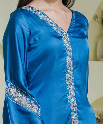 Cobalt blue hand embroidered three piece kurta set 4