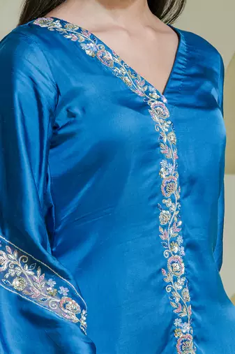 Cobalt blue hand embroidered three piece kurta set