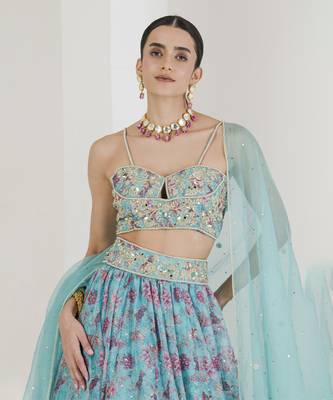 Blue Print Hand Embroidered Lehenga Set 2