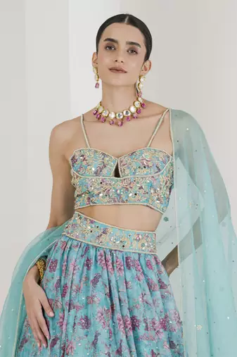 Blue Print Hand Embroidered Lehenga Set