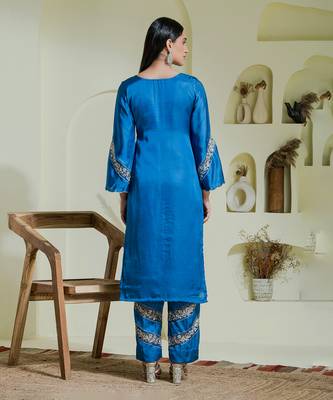 Cobalt blue hand embroidered three piece kurta set 5
