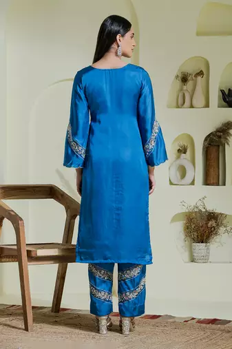 Cobalt blue hand embroidered three piece kurta set
