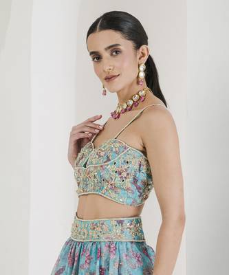 Blue Print Hand Embroidered Lehenga Set 3