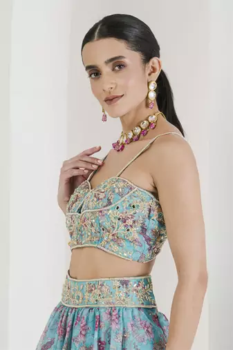 Blue Print Hand Embroidered Lehenga Set