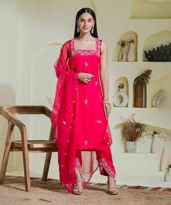 Ruby pink hand embroidered three piece kurta set 1