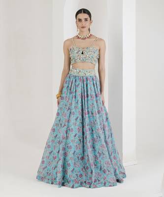 Blue Print Hand Embroidered Lehenga Set 4