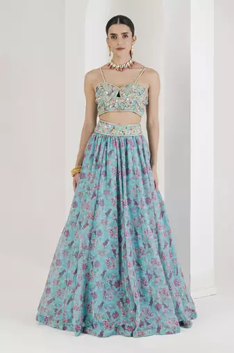 Blue Print Hand Embroidered Lehenga Set