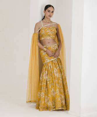Yellow Print Draped Embroidered Lehenga Set 1