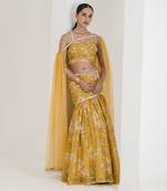 Yellow Print Draped Embroidered Lehenga Set