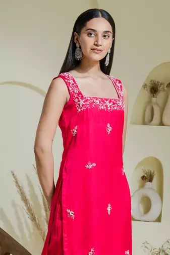 Ruby pink hand embroidered three piece kurta set