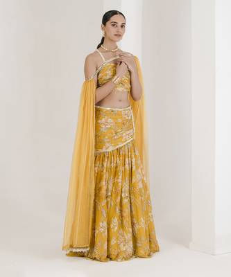 Yellow Print Draped Embroidered Lehenga Set 2
