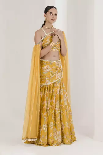 Yellow Print Draped Embroidered Lehenga Set