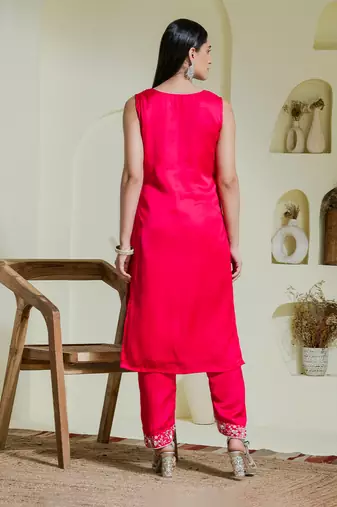 Ruby pink hand embroidered three piece kurta set