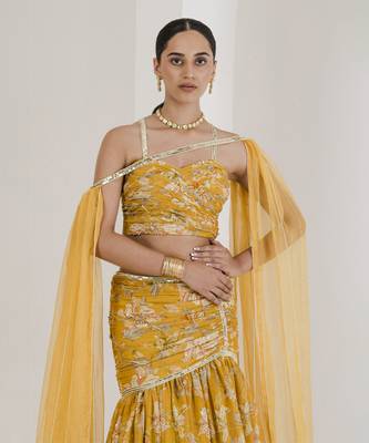 Yellow Print Draped Embroidered Lehenga Set 3