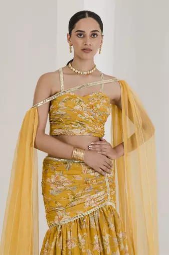 Yellow Print Draped Embroidered Lehenga Set