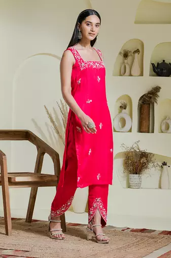 Ruby pink hand embroidered three piece kurta set