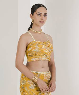 Yellow Print Draped Embroidered Lehenga Set 4