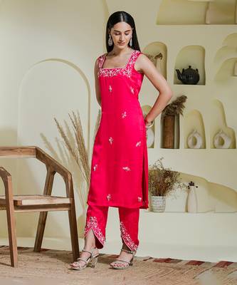 Ruby pink hand embroidered three piece kurta set 5