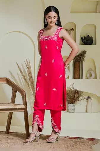 Ruby pink hand embroidered three piece kurta set