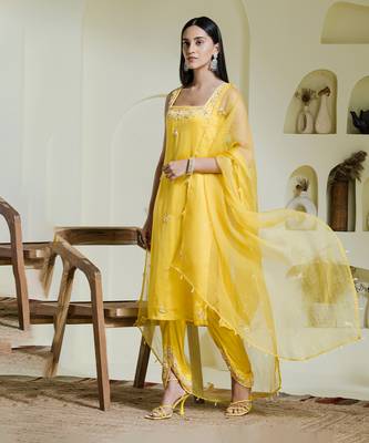 Sunshine yellow hand embroidered three piece kurta set 1