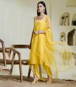 Sunshine yellow hand embroidered three piece kurta set