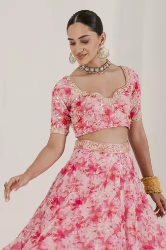 Blush Pink Organza Floral Embroidered Lehenga Set