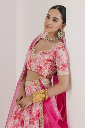 Blush Pink Organza Floral Embroidered Lehenga Set
