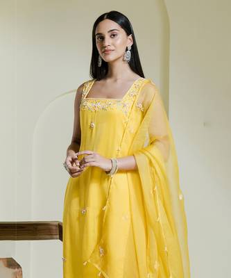 Sunshine yellow hand embroidered three piece kurta set 2