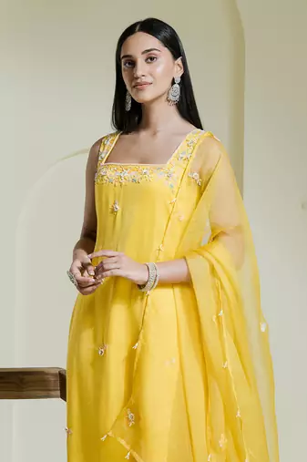 Sunshine yellow hand embroidered three piece kurta set