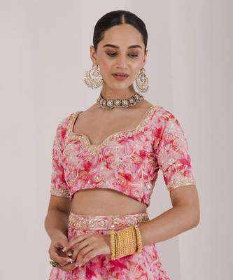 Blush Pink Organza Floral Embroidered Lehenga Set 4