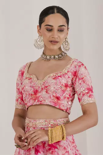Blush Pink Organza Floral Embroidered Lehenga Set