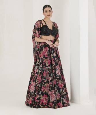 Black Floral Print Lehenga With Cape Set 1