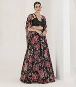 Black Floral Print Lehenga With Cape Set