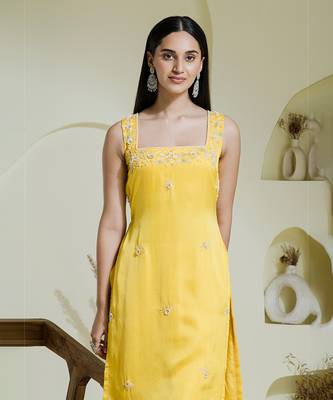 Sunshine yellow hand embroidered three piece kurta set 3