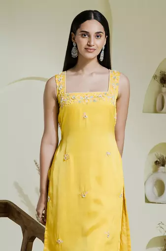 Sunshine yellow hand embroidered three piece kurta set